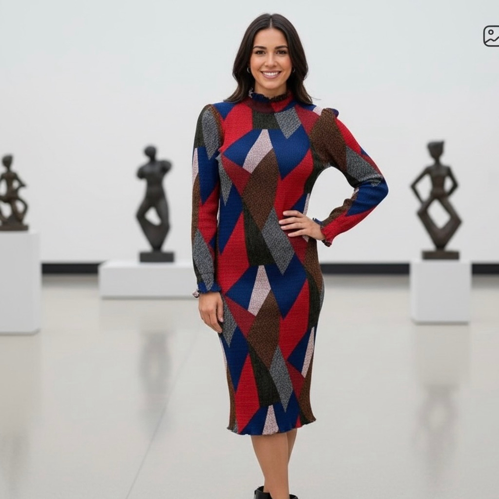 Weiyuwei Shanghai Fashion Geometric Print Textured Ruffle Trim Midi Dress Size S